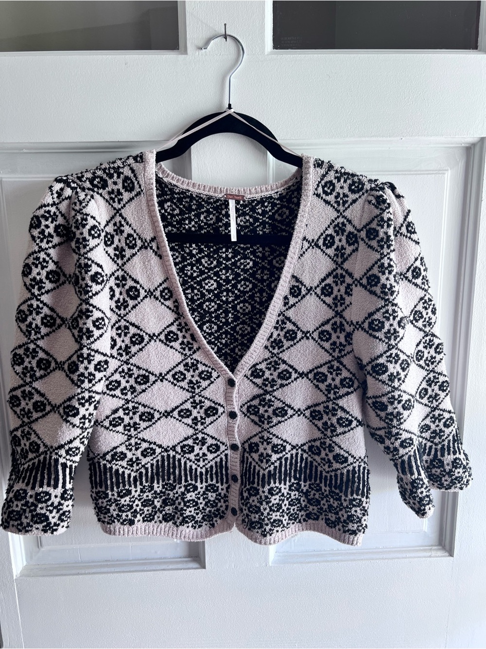 Free People Black and Cream Patterned V-Neck Cardigan